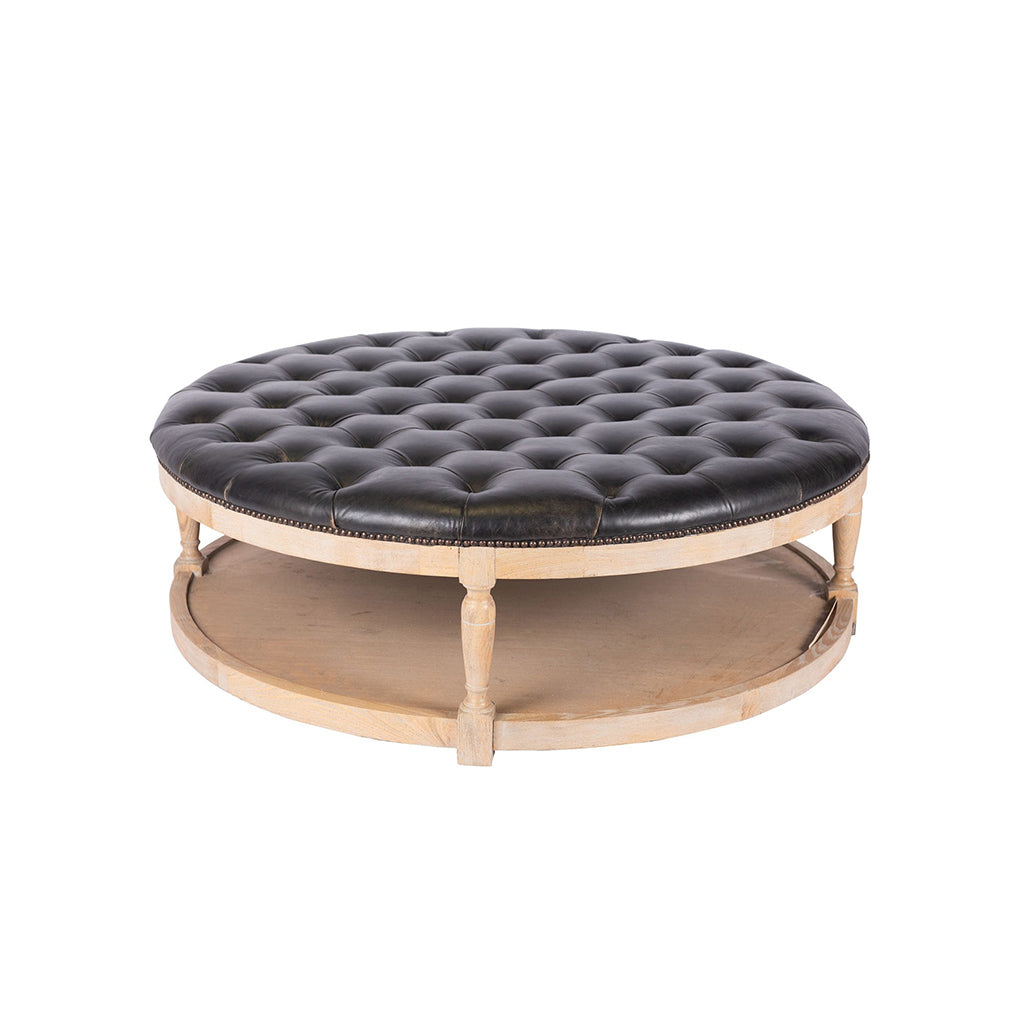 Hamilton Black Leather Round Tufted Ottoman