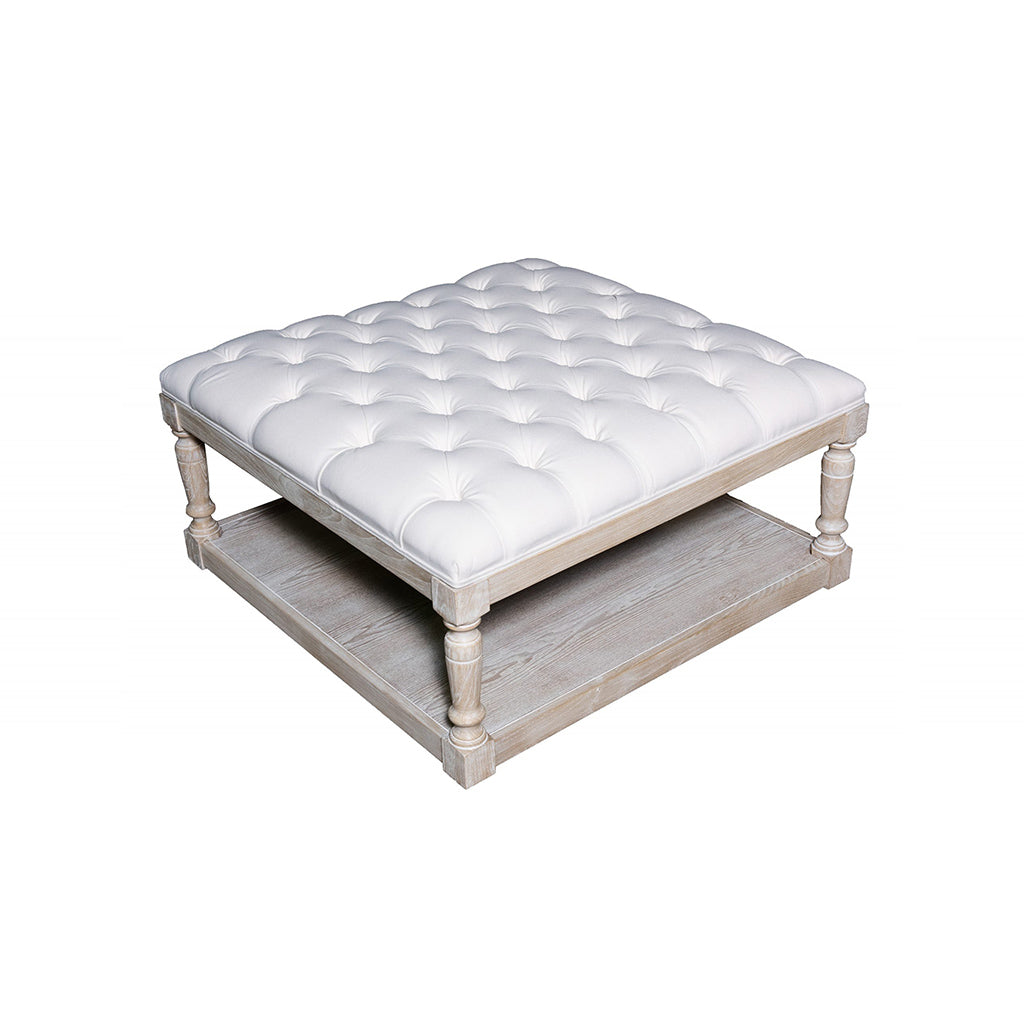 Pierre White Tufted Linen Ottoman with Wood Base