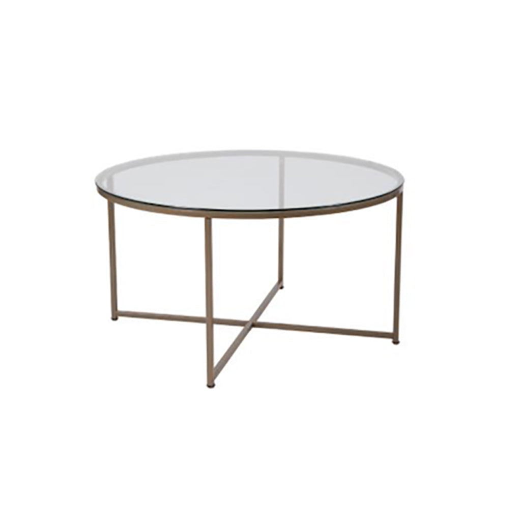 Round Glass and Gold Coffee Table with Cross Base