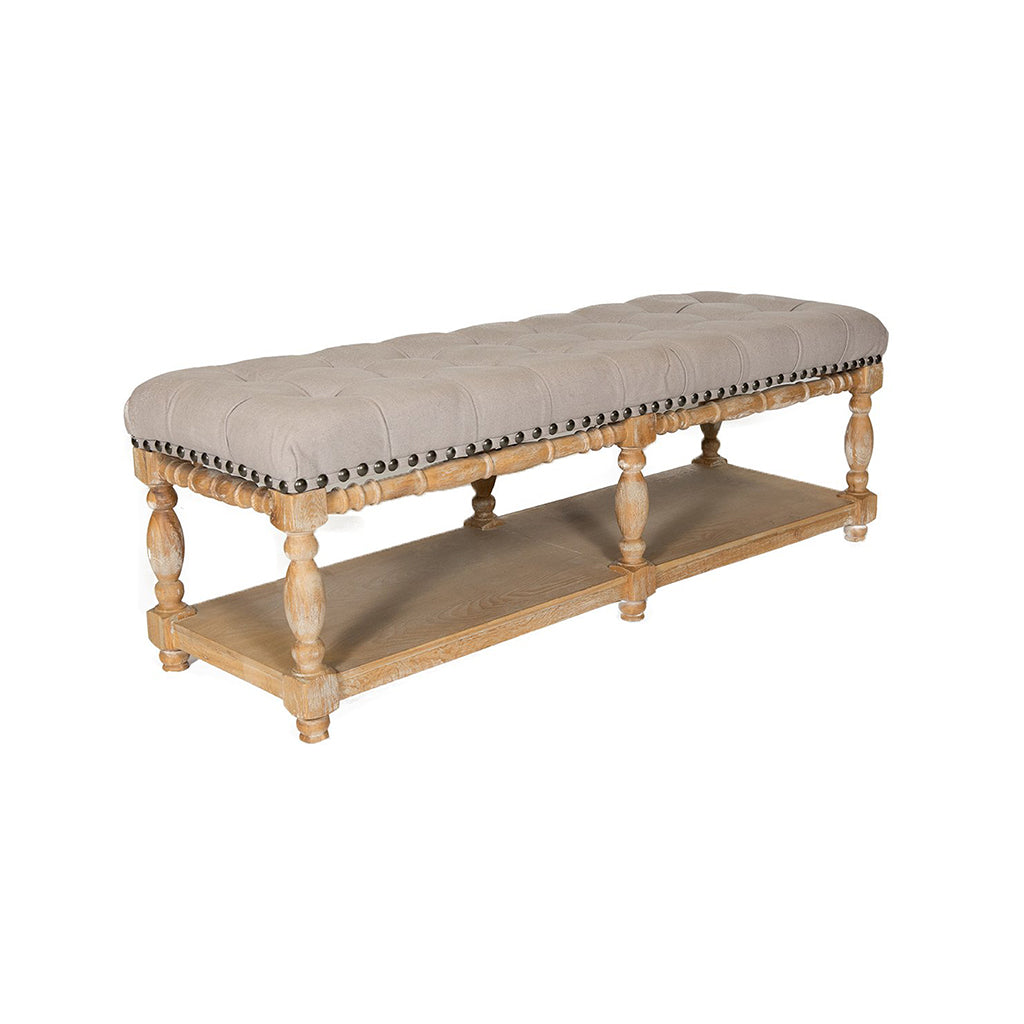 Savannah Dove Grey Tufted Bench with Wood Base
