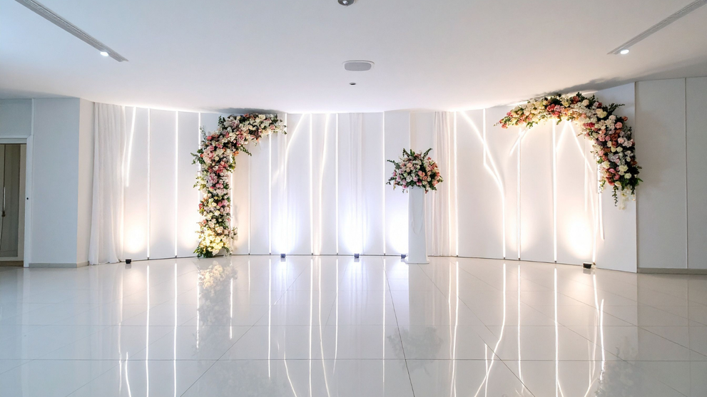 White Backdrop Stage Setup With Floral Arches