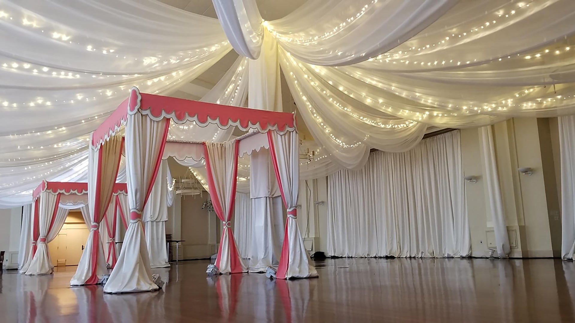 Indoor drape cabanas and stunning ceiling drape 